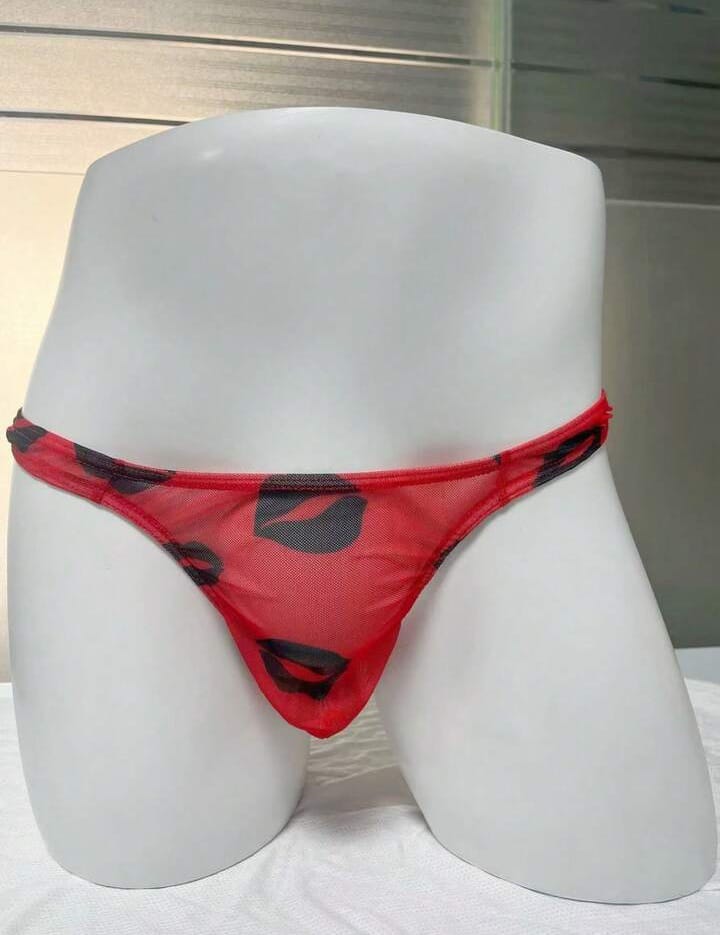 Men's Mesh Red Lip Print Semi-Transparent Underwear